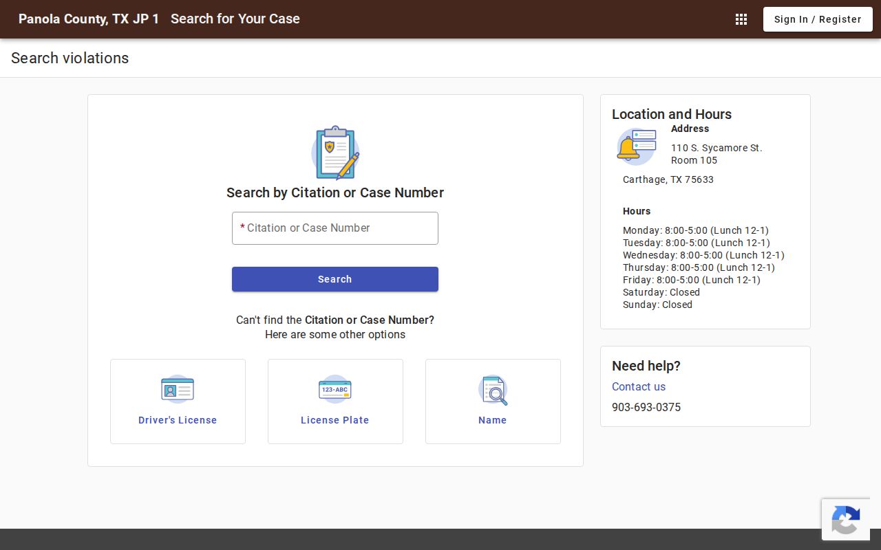 Panola County warrant search fields on the JP1 case portal