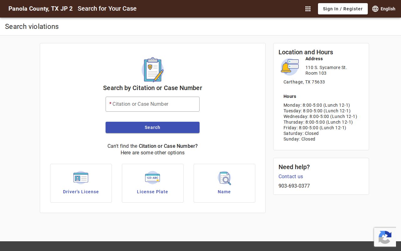 Panola County warrant search fields on the JP2 and JP3 case portal