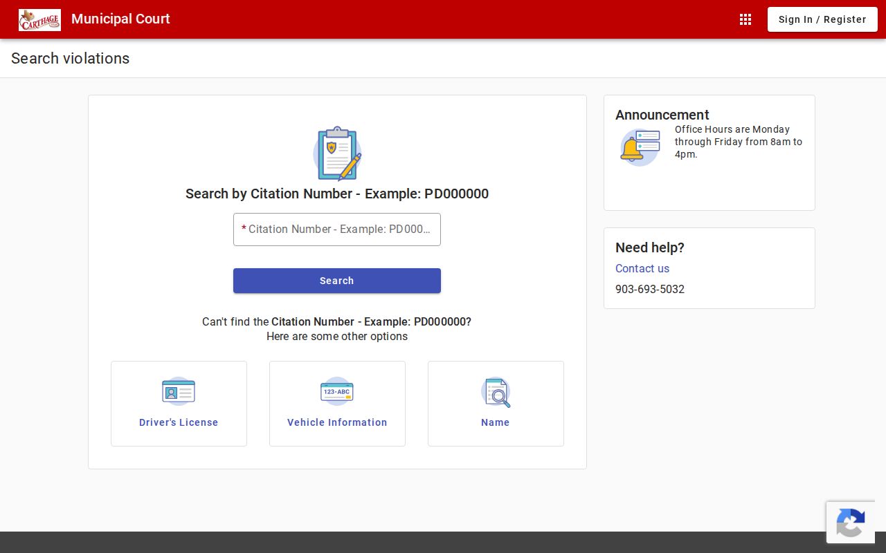 Carthage warrant records search fields in the municipal court portal