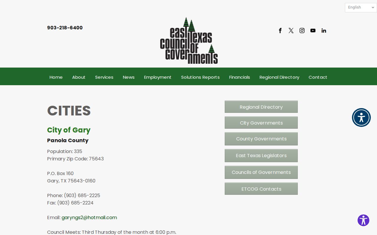 Gary City warrant records contact source in an East Texas regional government directory
