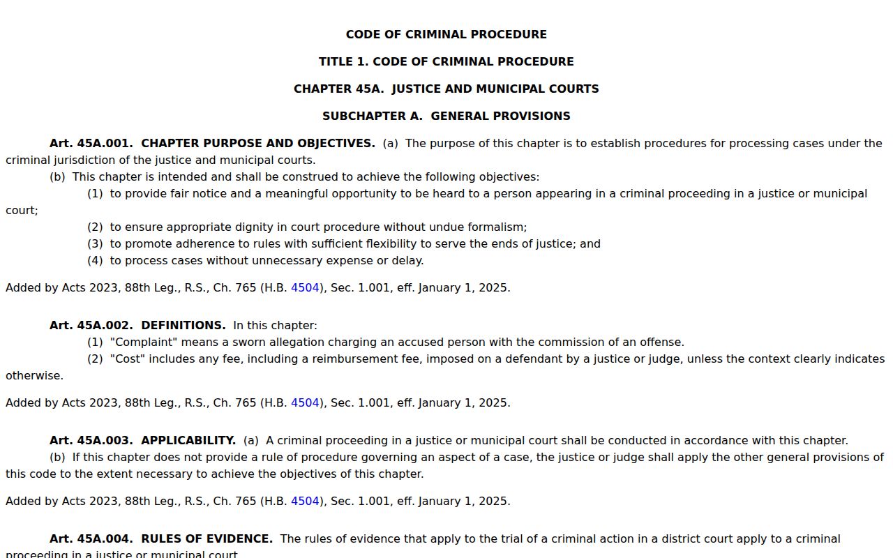 Panola County bench warrant FTA notice rules under Chapter 45A